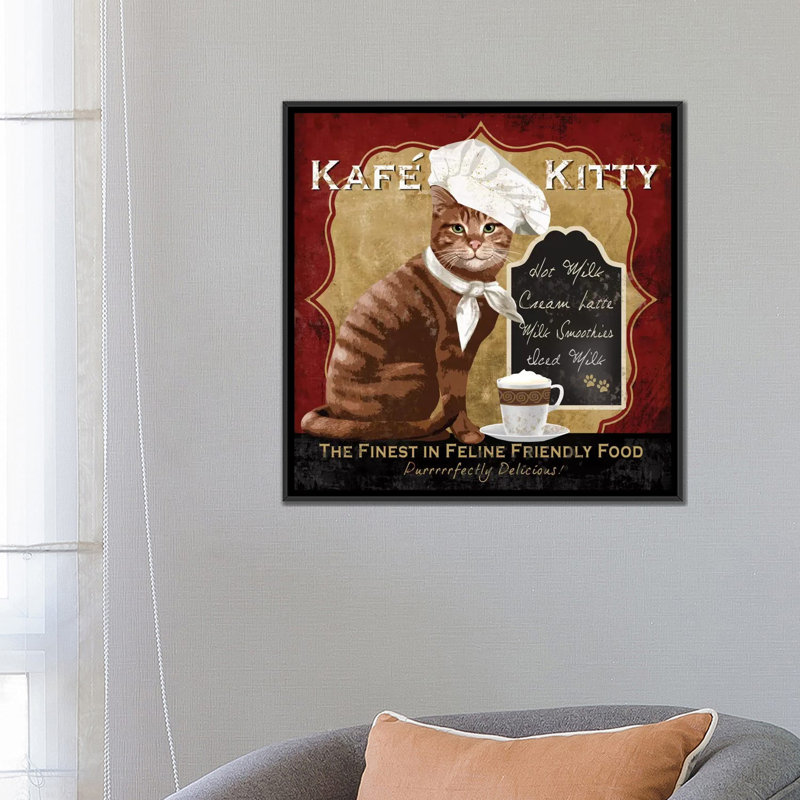 Affiche rétro kafe kitty sur toile tendue, H 18 po x l 18 po x P 1,5 po, Pas de tapis, Toile avec cadre flottant noir