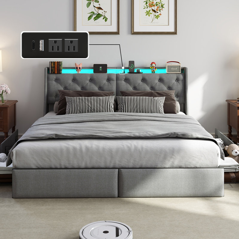 Upholstered Bed Frame with 4 Drawers, Bed with Storage Headboard, Charging Station and LED Lights, King