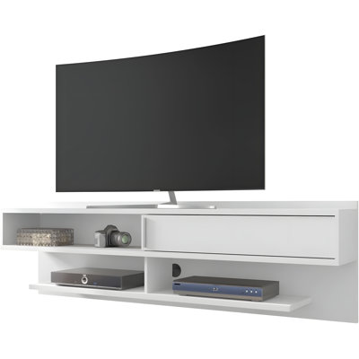Astor Modern Floating TV Stand For 60-Inch TV With Media Shelves And Sliding Door, Space-Saving Wall-Mounted Entertainment Center In White