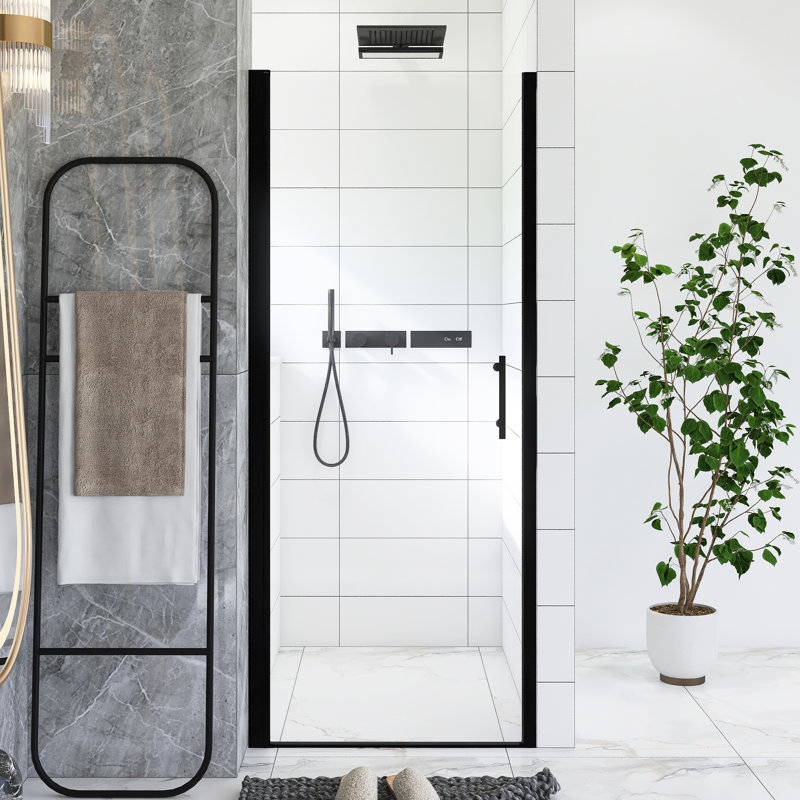 Porte de douche pivotante 30 po x 72 po, cadre en aluminium noir mat, demi-cadre, film en verre trempé anti-déflagrant de 1/4 po, poignée en acier inoxydable