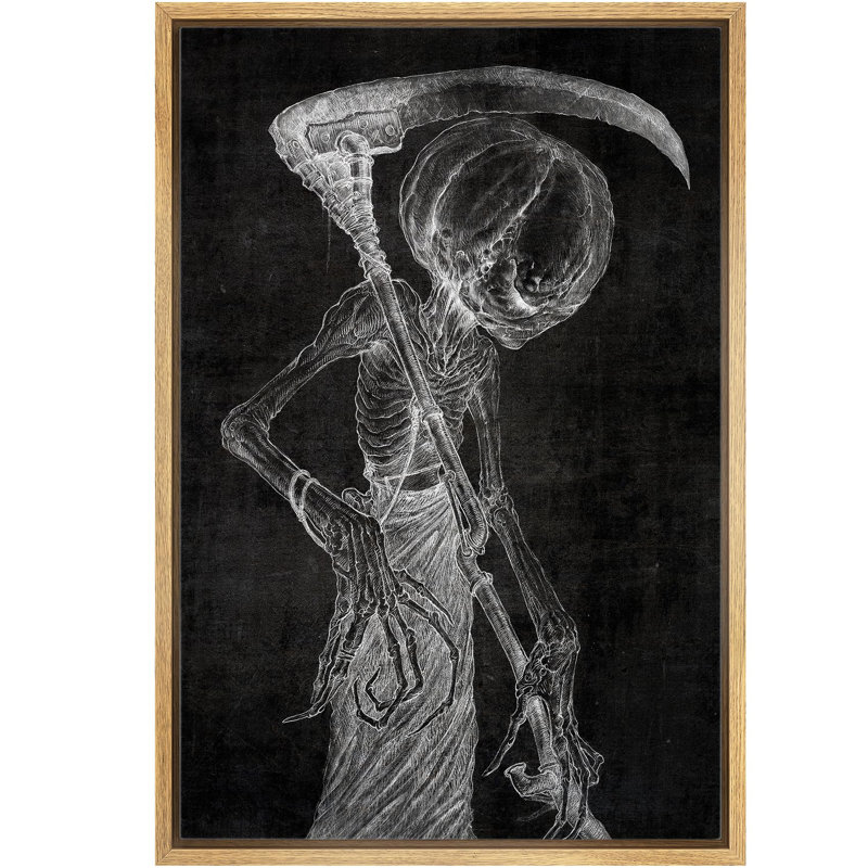 Moody Gothic " Skeletal Reaper with Scythe Moody Dark Illustrations Modern Art Work Decor " Print, Natural Floater Framed