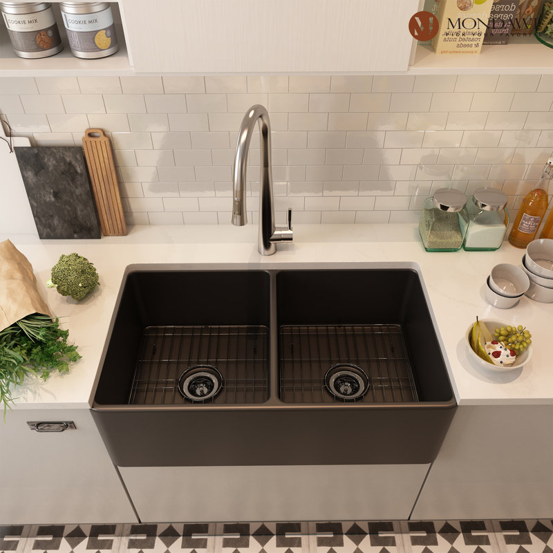 Évier de cuisine de ferme à double cuve avec accessoires L 33 po x l 18 po, Noir