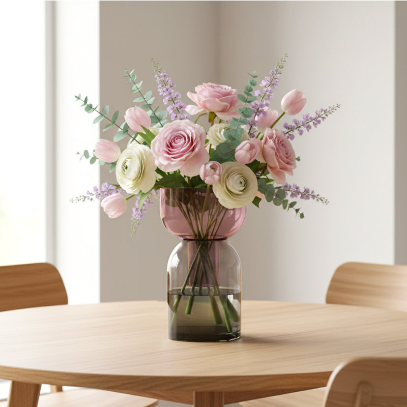 Vase en verre rose moyen et jaune, Gris / Rose
