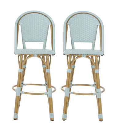 Ensemble de 2 tabourets de bar 29,5 po d'extérieur en rotin PE et aluminium français, fini sarcelle clair et bambou