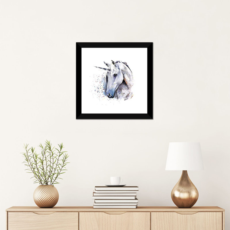 Licorne par Edwatercolours-impression, Blanc, H 16 po x l 16 po x p 1 po, Papier encadré noir