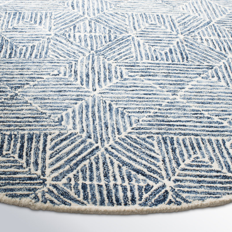 Tapis bleu / ivoire fabriqué à la main Linsly, Rond 4 pi