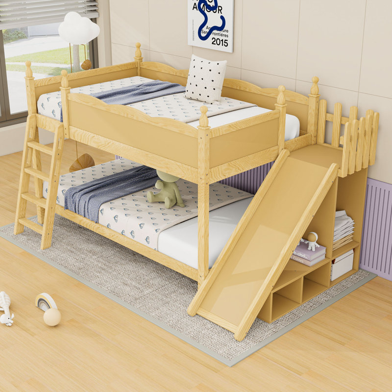 Lit superposé double en bois avec glissière et tablettes de rangement, Natural