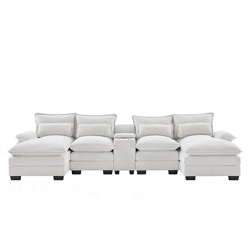 Clidie U Shaped Upholstered Sectional Sofa with Chaise, White Chenille