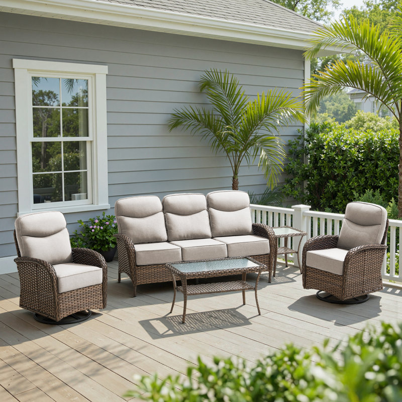 Alakai 5-Person Outdoor Garden Wicker Crescent High Backrest Conversation Set With Coffee Table, Beige