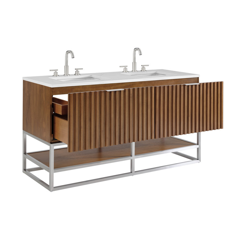 Terra 60'' W Double Vanity, Walnut, Brushed Nickel, Calacatta Quartz/Widespread