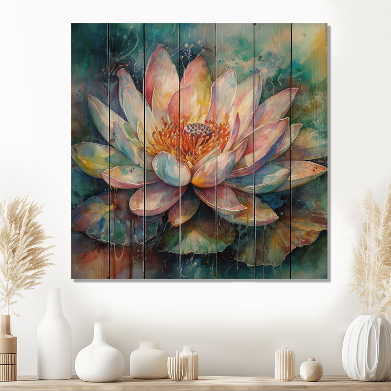Clemma, lotus rose, rêves floraux II sur bois, H 15 po x l 15 po x P 0,78 po