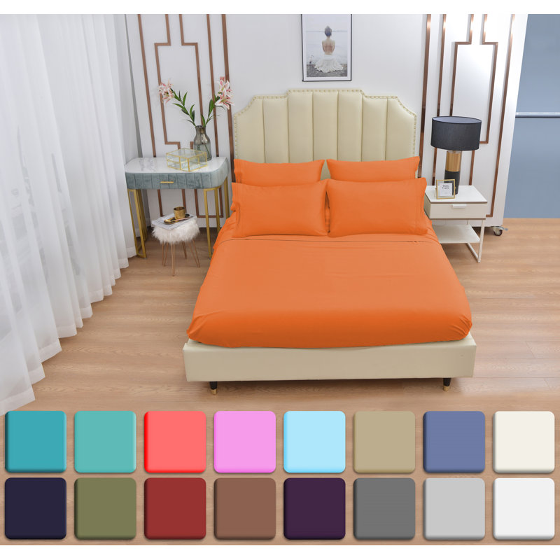 Premium Rayon From Bamboo 6 Pc Sheet Set With Deep Pockets, Cooling, Orange, Split King Sheet Set with 4 Pillowcases
