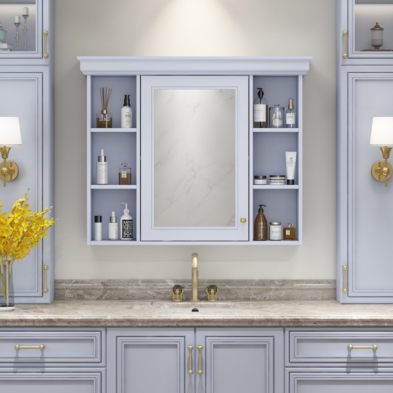 Armoire de rangement murale de salle de bain 35 po x 28 po avec porte miroir, Gris clair