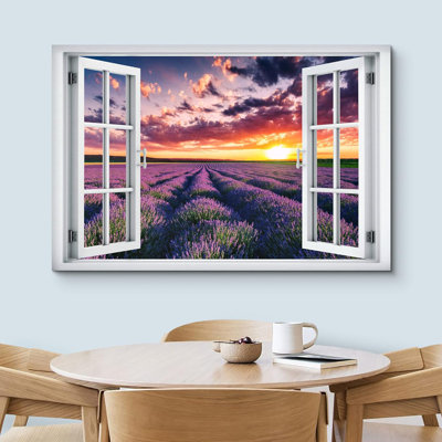 «Window View Neon Sunset Sunset Lavender Flower Country Farm Nature Scenic Landscape» sur toile