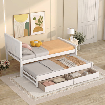 Twin Size Platform Bed With Trundle And Drawers, White