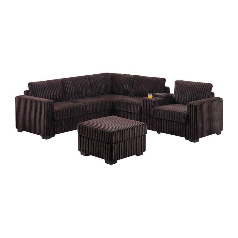 Contemporary Style 4Pc L-Shaped Sectional Set USB Cup Holder Cushion Back Loveseat Plastic Legs Cocktail Ottoman Square Arms Coffee Finish Primary Living Room
