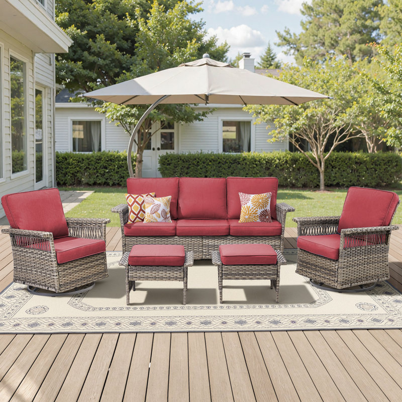 Anferney 5-Piece Outdoor Patio Sofa Conversation Set With Swivel Chairs, Red