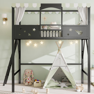 Lit mezzanine en métal, taille standard, avec échelle, étagères de rangement et structure de baldaquin. Lit mezzanine haut pour enfants et ados, noir.