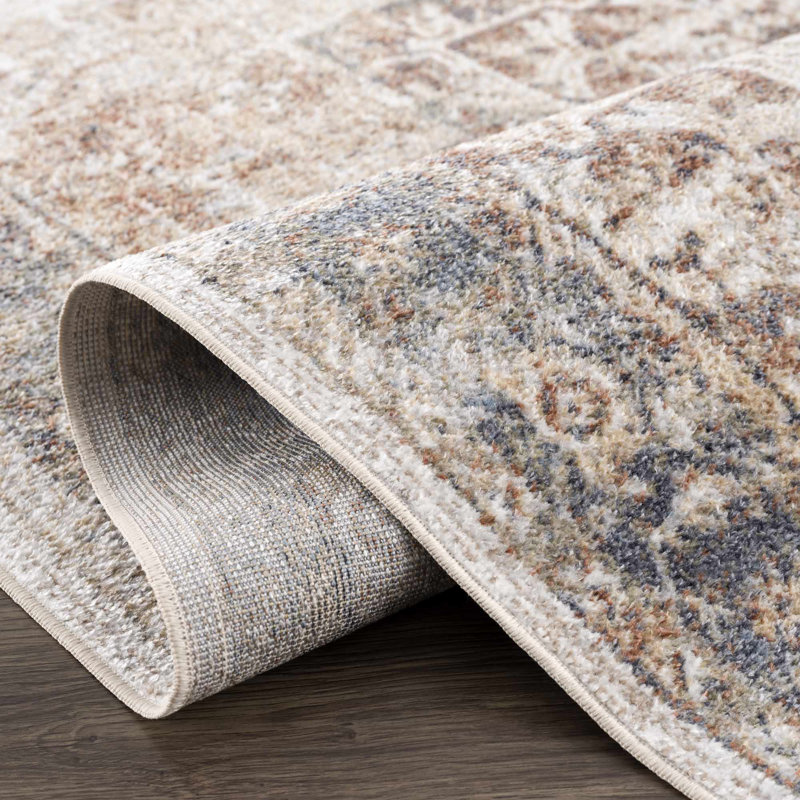 Light Blue and Beige Synthetic Washable Rectangular Area Rug