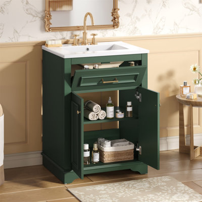 Meuble-lavabo 24 po avec lavabo en céramique intégré, armoire de salle de bain avec 2 portes, 1 tiroir basculant et meuble-lavabo simple pour salle de bain de petite et moyenne taille