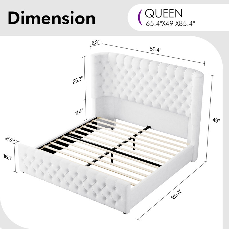 Deep Tufted Headboard Upholstered Wingback Bed, White, Queen