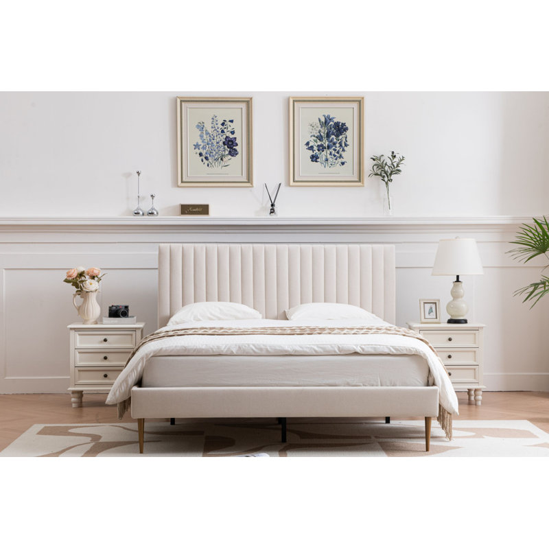 Lit plateforme tapissier Maddigan, Beige, Complète