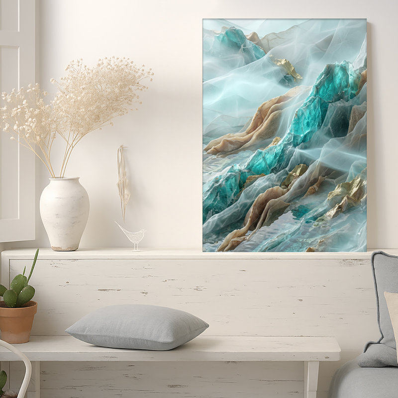 Toile abstraite turquoise et dorée, H 48 po x l 36 po