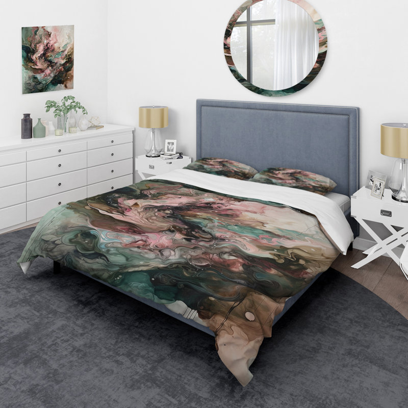 Ensemble de housse de couette en microfibre / polyester rose et vert Inner Worlds of Marble III Bedding