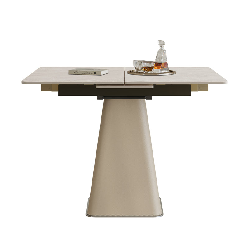 Table de salle à manger rétractable à dalle de roche pliante, table carrée extensible moderne avec base en acier inoxydable revêtue de cuir