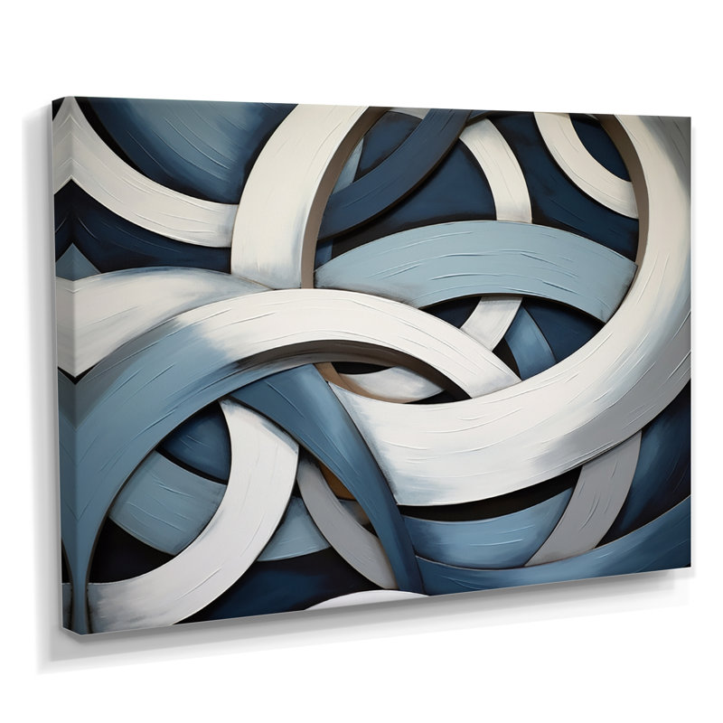 Bleu et blanc tourbillons d'anneaux I - art mural abstrait, salon, Toile tendue, H 12 po x l 20 po x P 1 po