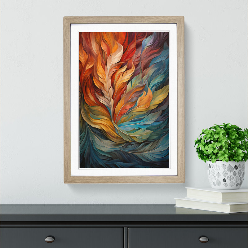 Feather Orphism No.2 - Single Picture Frame Print on Wood, Oak, 46cm H x 34cm W x 2cm D