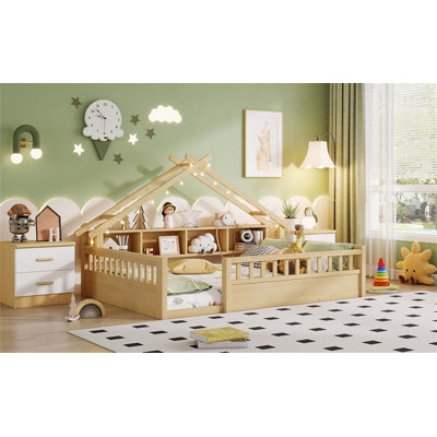 Full Size Wooden Floor Bed with LED Light and Storage, Ideal for Kids' Rooms and Safety(Mattress Not Included)