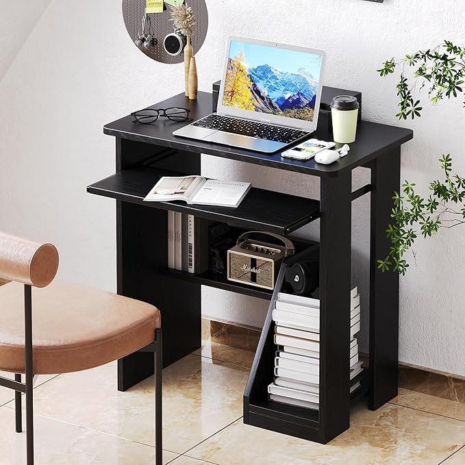 Petit bureau pour ordinateur portable avec tablettes de rangement Oveson 29,5 pouces, Noir, noir, noir, noir