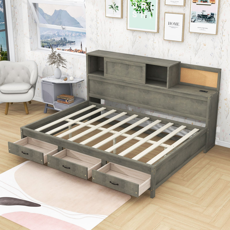 Lit de jour en bois 3 tiroirs avec tablette enfichable, station de charge USB et prise, Gris, Lit double