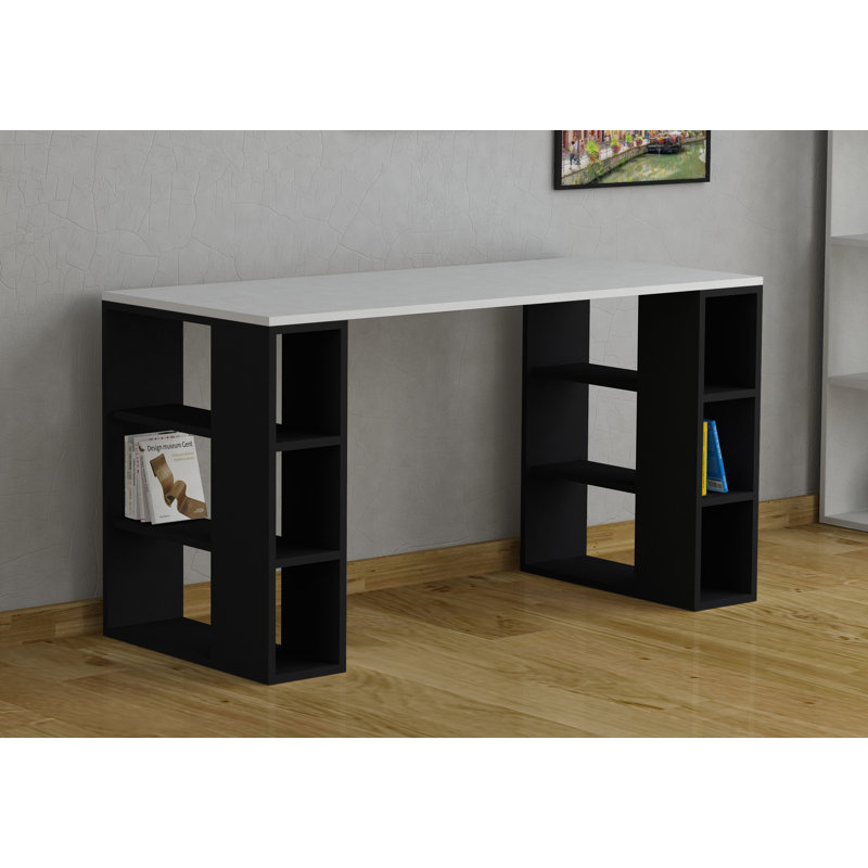 Simone Modern Desk with Built-in Bookcase – Stylish Workspace Desk with 6 Open Shelves, White, Anthracite