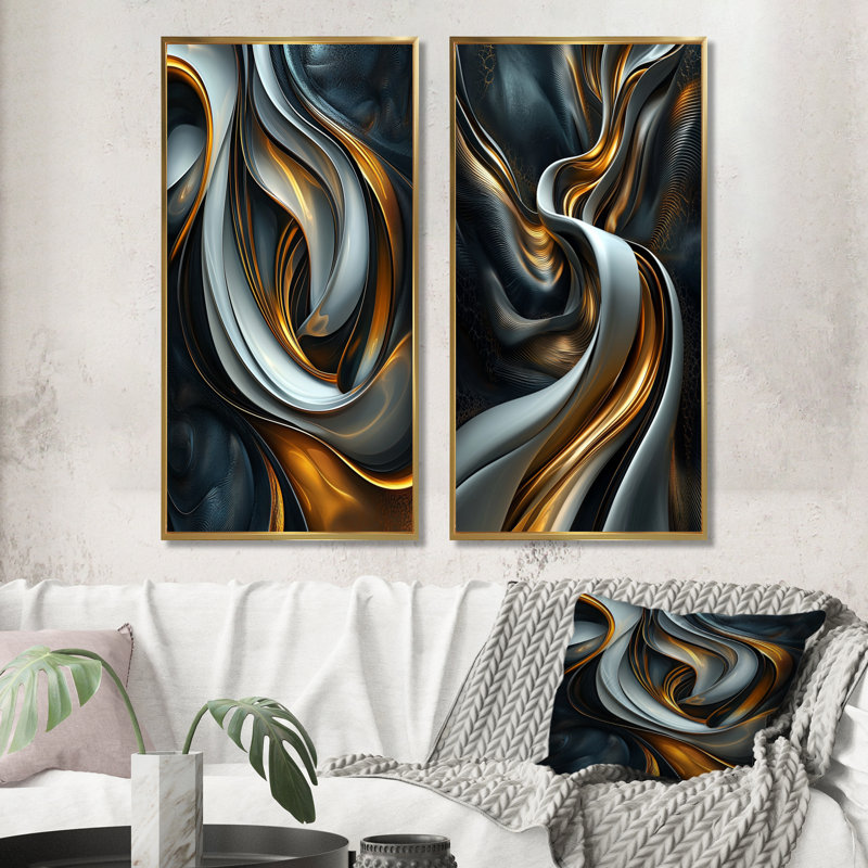 Tourbillon abstrait en tons de noir et d'or I - ensemble de 2 peintures murales abstraites, H 28 po x l 24 po, Doré