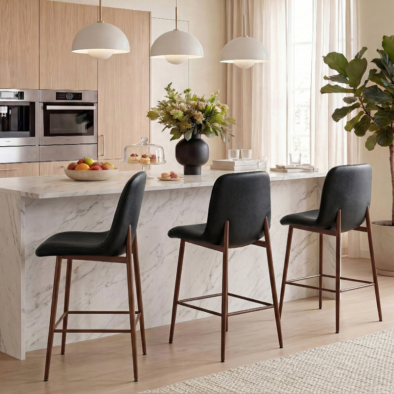 26 inch Faux Leather Counter Stools with Walnut Finish Metal Legs, Black