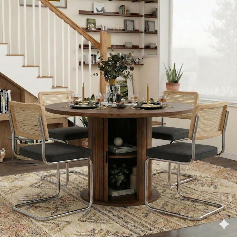 5-piece Round Pedestal Dining Set With Cane Back Cantilever Chairs, Black