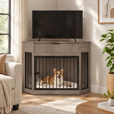 Meuble de coin pour cage de chien en MDF de 44,6 pouces avec tiroir de rangement cannelé pour chiens de petite et moyenne taille