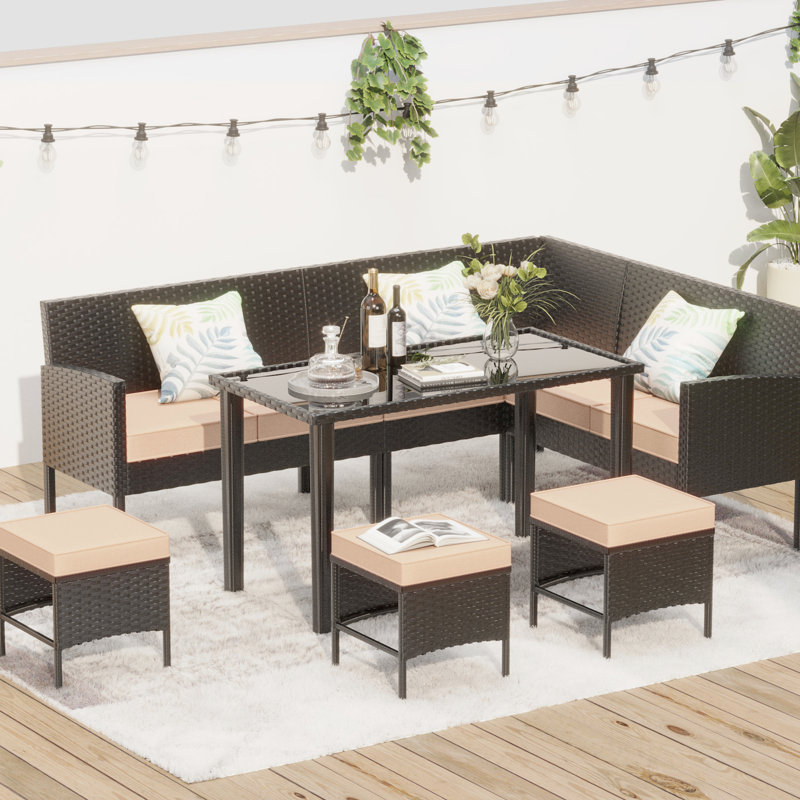 7 Small Space Outdoor Furniture , Grey High-Back Chairs, Waterproof Cushions, All-Weather , Breathable Mesh, Glass Table, Frame Backyard With 7 Pieces, Blue Seats, Design, Space, Fabric,