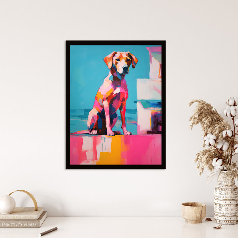 Reflecting Pink Dog At Sunset Vibrant Animal Portrait - Single Picture Frame Print