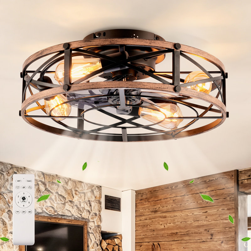 Ventilateur de plafond encastré en cage 20 po avec télécommande, finition noir mat et or Farmhouse