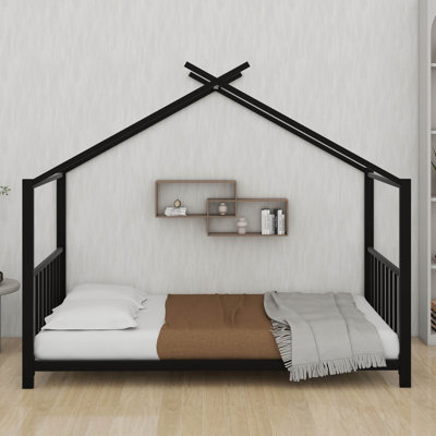 Twin Size Metal House Platform Bed Frame With 18 Reinforced Slats,No Box Spring Needed Montessori Style Bed For Room