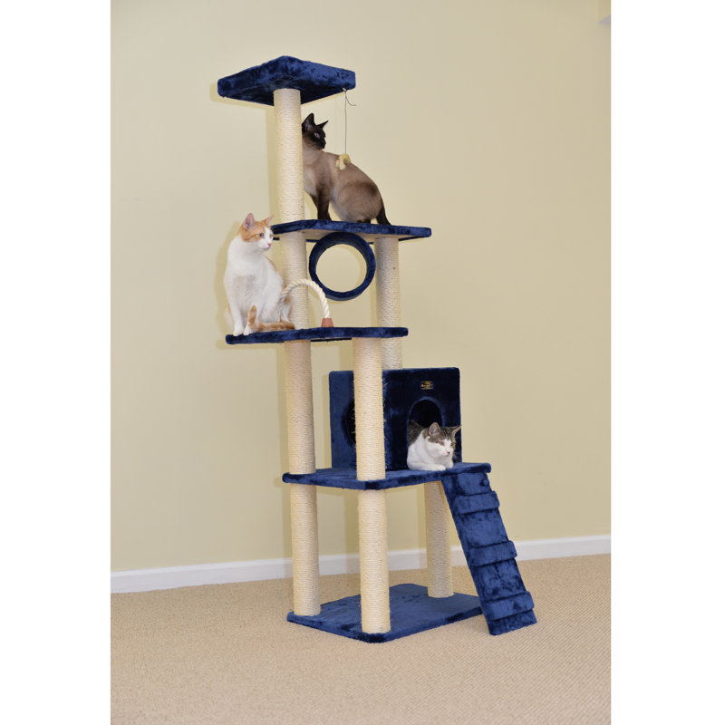 Navy Blue Sisal and Faux Fur Multi-Level Cat Tree Tower