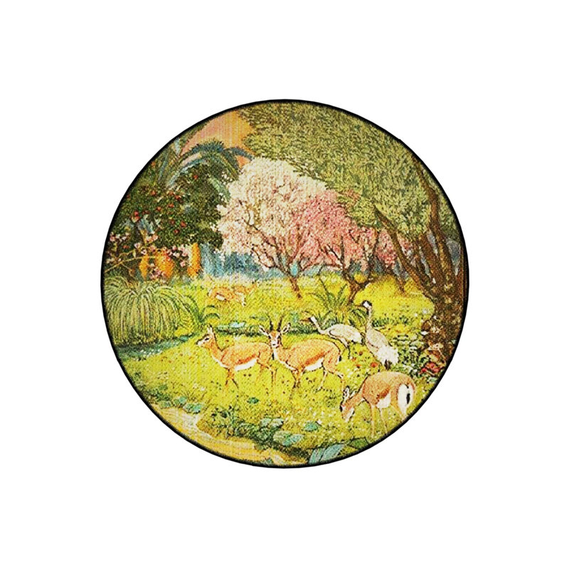 Green Deer And Forest Patterned Round Woven Base Vintage Decorative Carpet, Round 2'8"