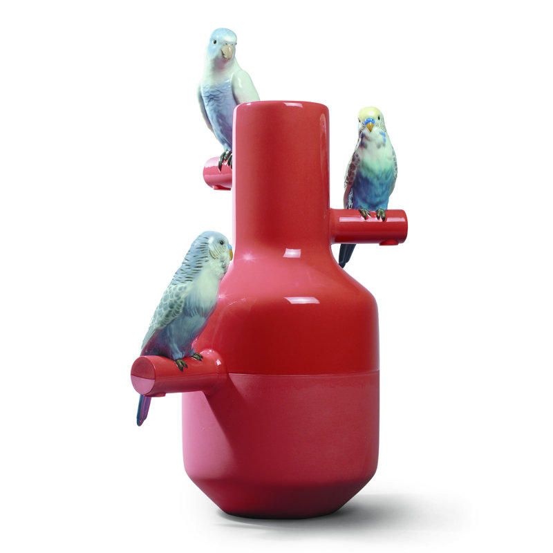 Coral Porcelain Vase with Decorative Parrots