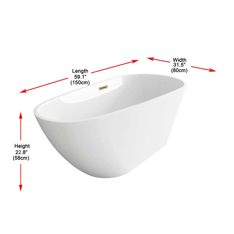 59 Inch Bathtub in Glossy White with Trim, Brushed Gold