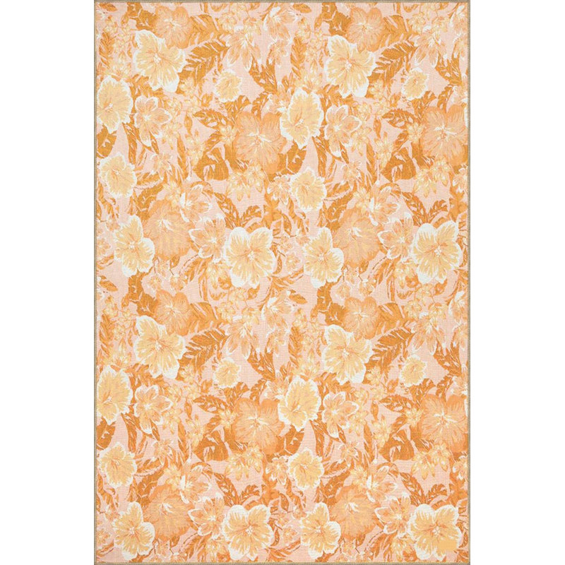 Tapis orange lavable décoratif floral moderne orange, Sous-tapis carré 3 pi 3 po inclus