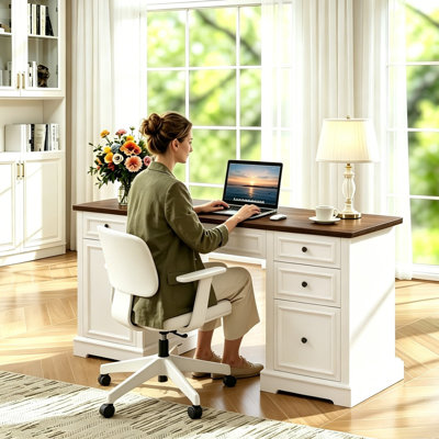 Bureau de direction 60 po, bureau d'ordinateur moderne avec tiroirs en bois, classeur et tablette réglable pour bureau à domicile