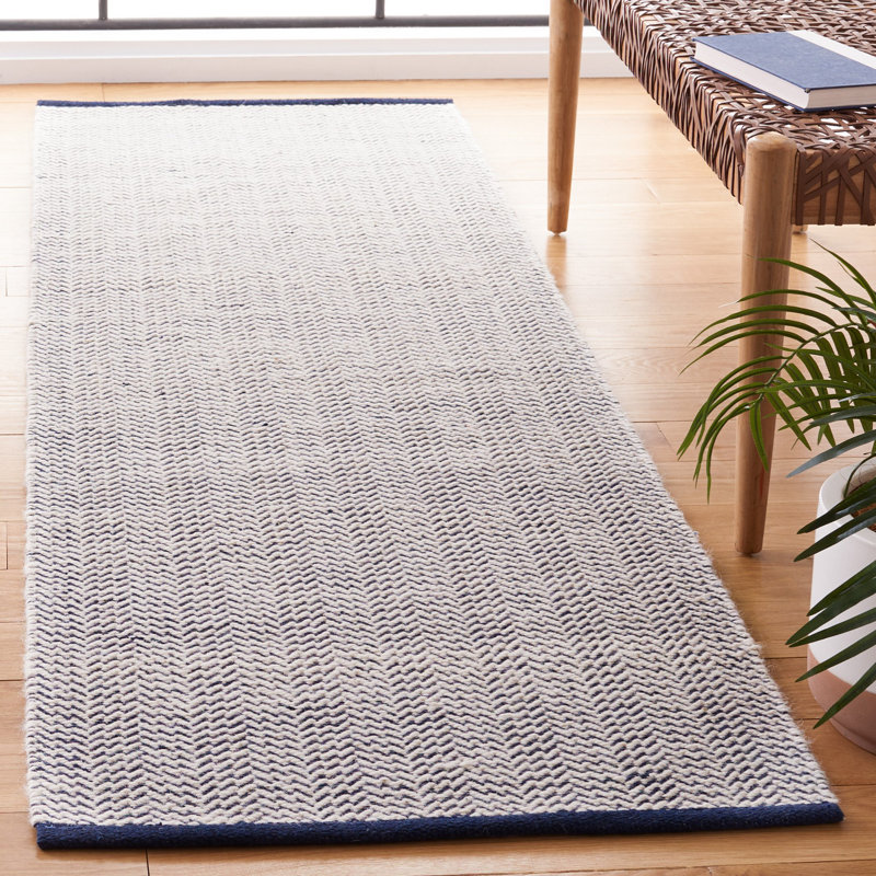 Vermont Hand Woven Cotton/Wool Abstract Rug in Navy/Ivory, Runner 2'3" x 8'